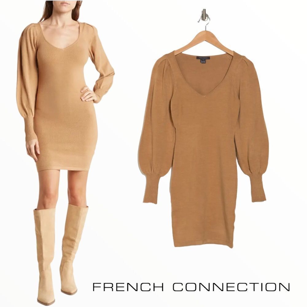 French Connection Camel Joss Balloon Sleeve Sweater Dress XL NWT Ribbed Bodycon